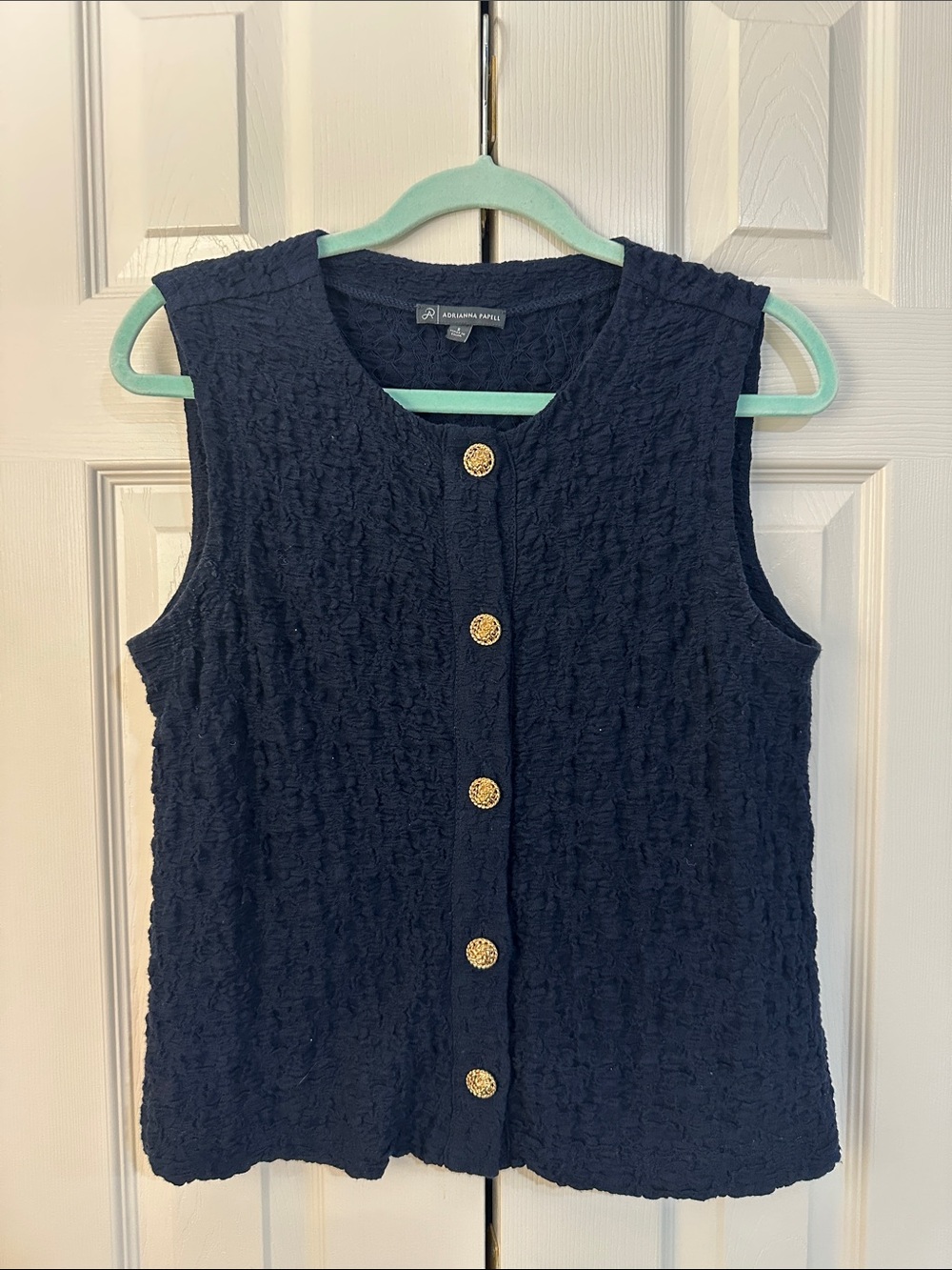 Adrianna Papell Navy Sleeveless Textured Tank with Gold Buttons